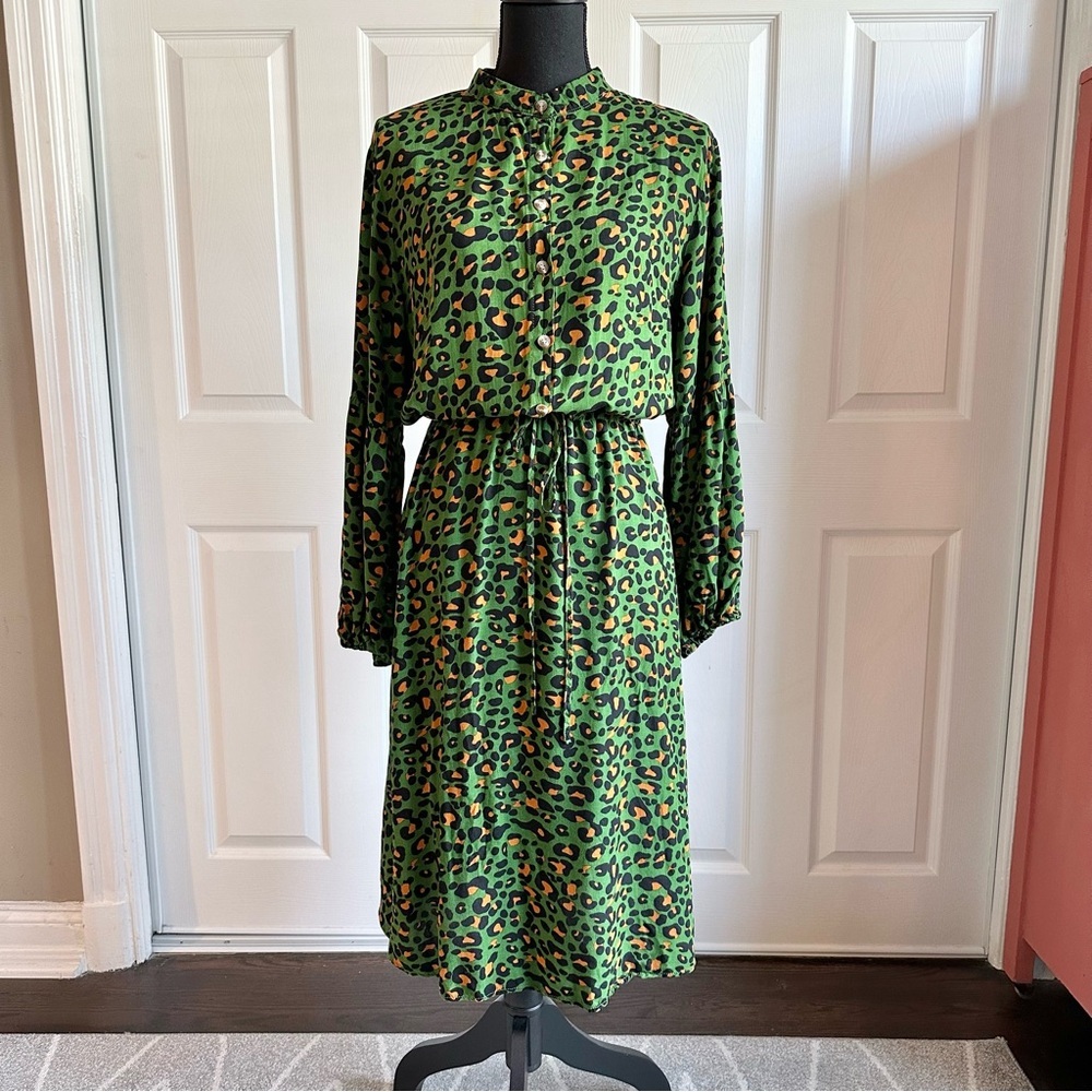 Kirundo Green Leopard Print Peasant Style Midi Dress
